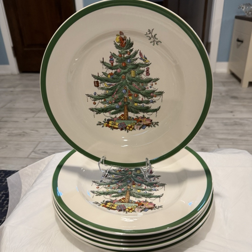 VTN Spode Christmas Tree Dinner Plates Set of 6 Green Rim 10.5 in